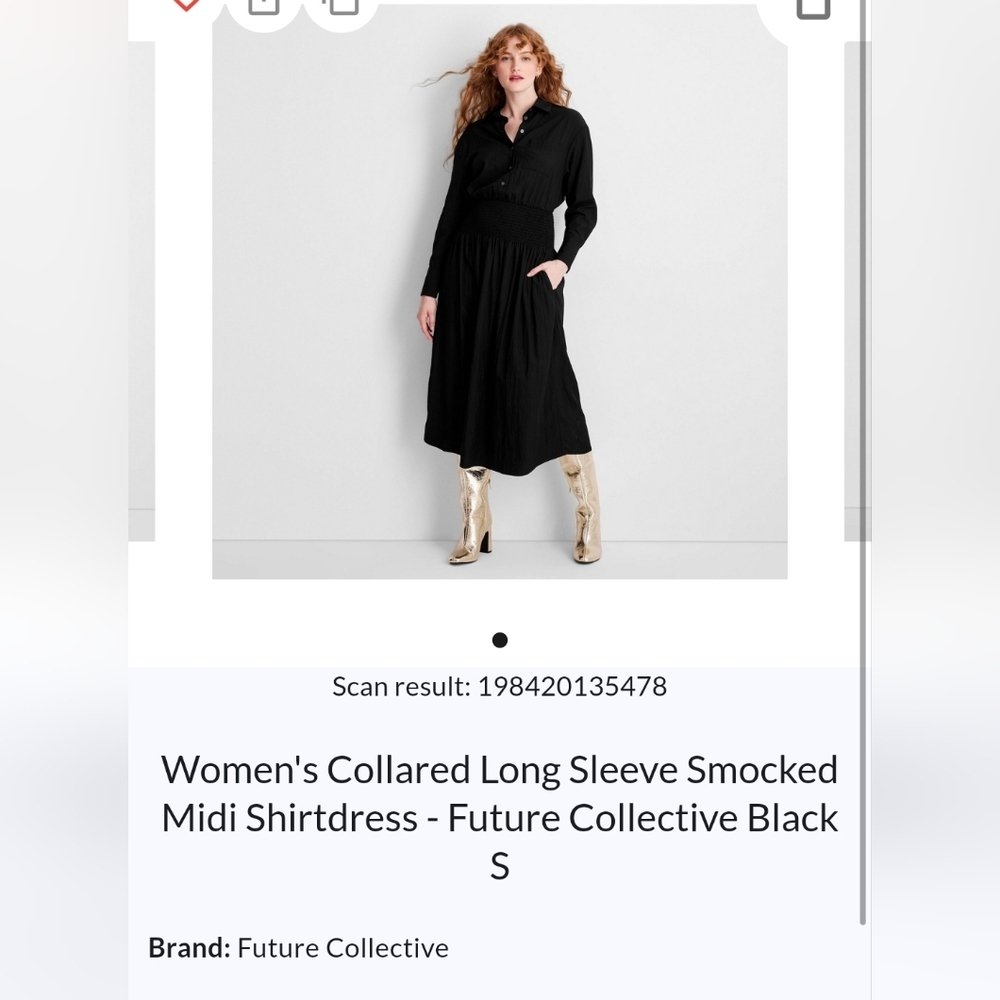 Long Sleeve Collared Smocked Midi Shirtdress. Black.